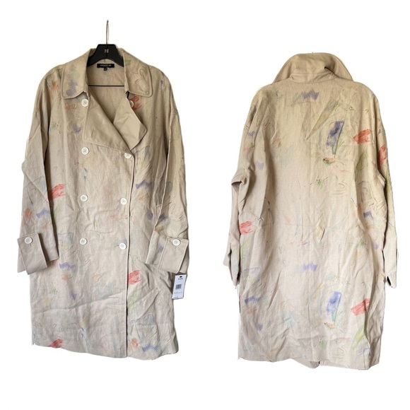 Lafayette 148 NY Modern Muse Linen Laurita Trench Coat Abstract M GUC - Picture 2 of 9